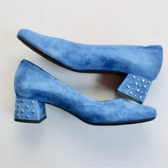 Pas de Rouge Blue Suede Round Toe Embellished Studded Block Heel 2190 Size 7.5 - Picture 7 of 9
